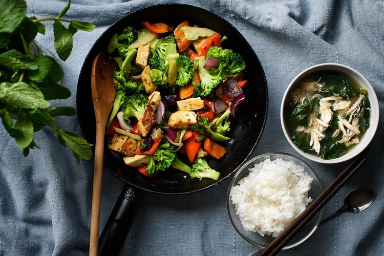 Tofu Recipe - Fried Tofu and Rice with Broccoli, Red Onions and Peppers